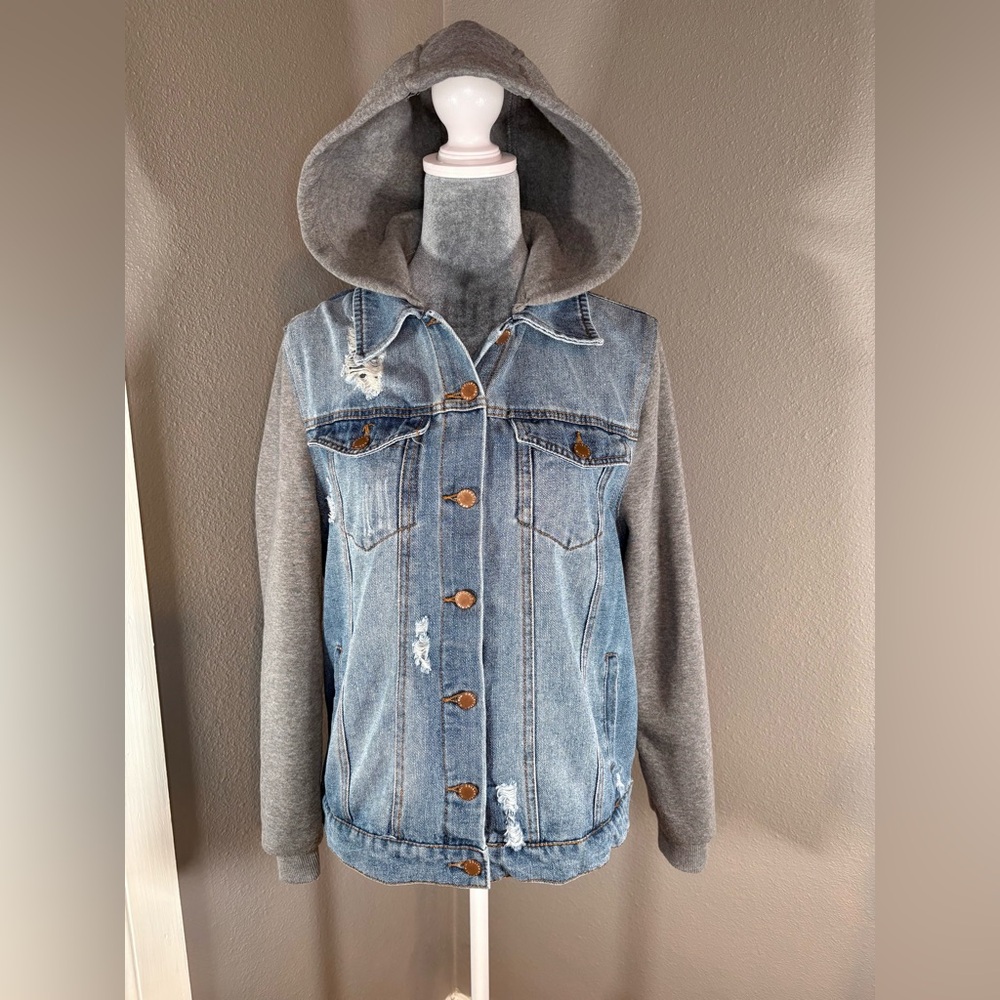 Denim Jean Distressed Jacket with Gray Fleece Hoodie and Sleeves Size S